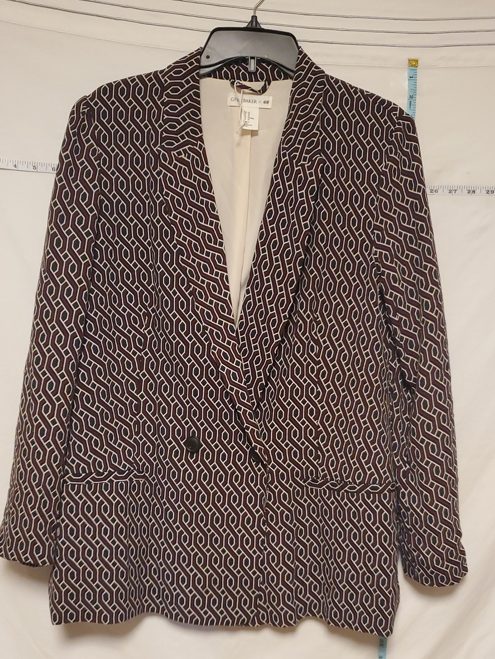 H&M GP J Baker Burgundy Navy Cream Geometric Notch-Lapel Blazer 12 Preppy Office